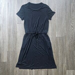 Simier Fariry Black T Shirt Dress Midi Drawstring Waist Pockets Size L